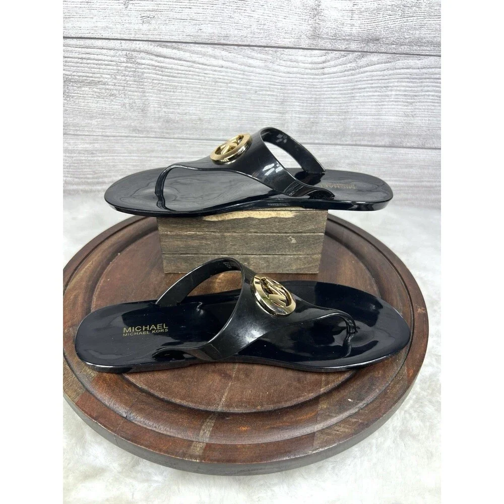 Women MK Michael Kors Lillie Jelly Thong Flat Slide Sandals PVC Black Size 8 M